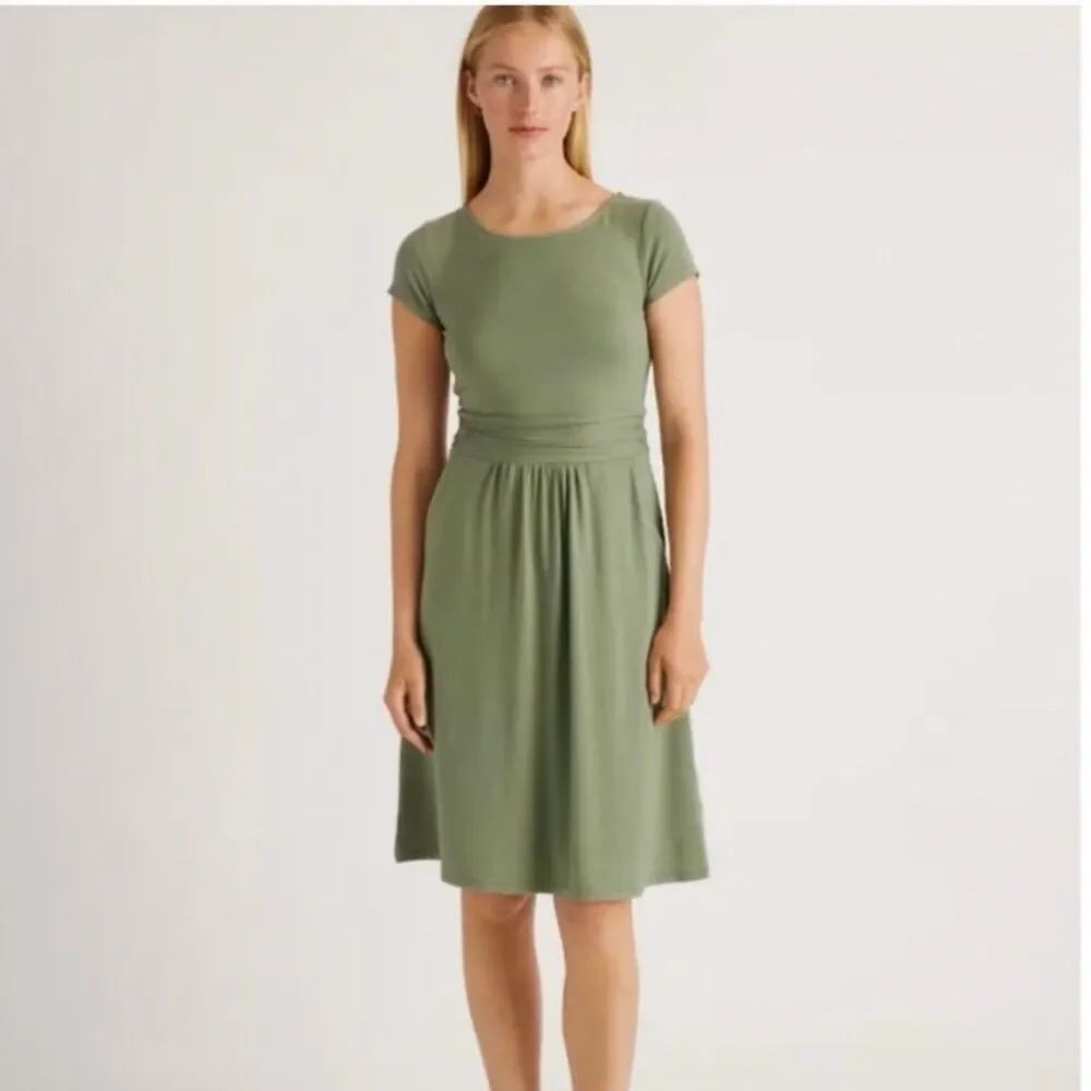 Quince Tencel Jersey Ruched Waist Midi Dress Sage Green XL Pockets Stretch